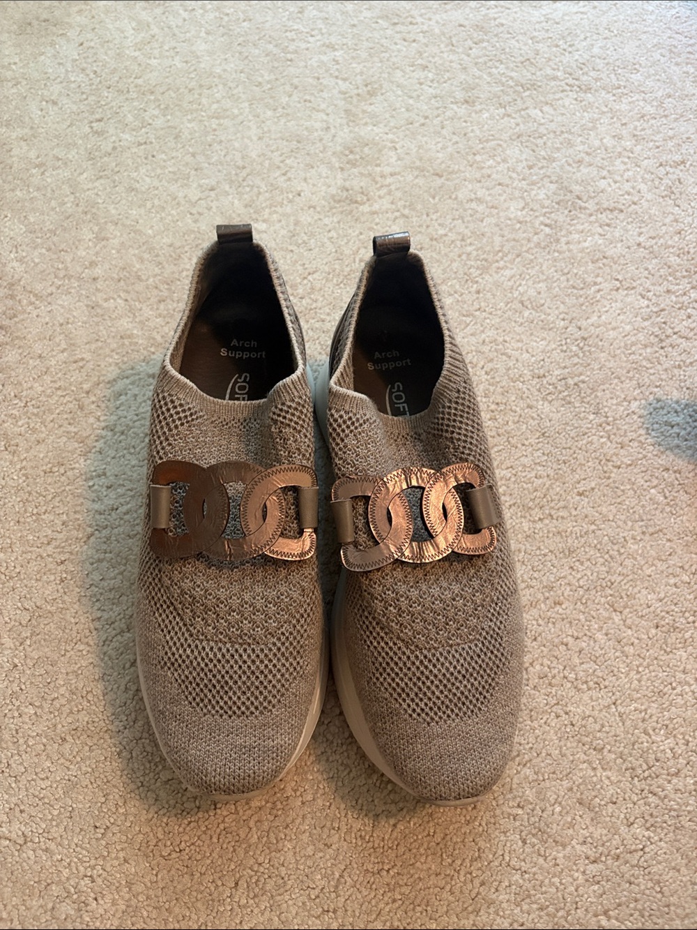 SoftWaves Taupe Knit Slip-On Loafers with Metallic Bronze Chain